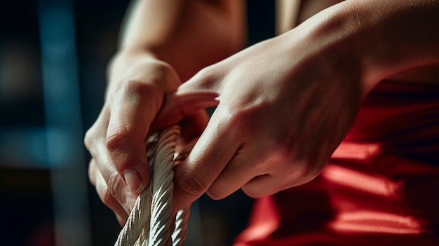ロープを使って体操のトレーニングをしている人のクローズアップ