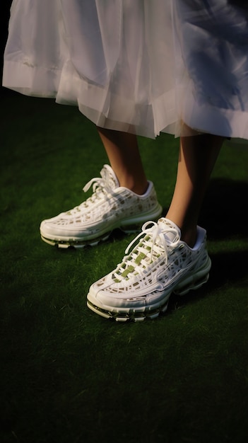 Foto gratuita close up su una persona che indossa scarpe da ginnastica futuristiche