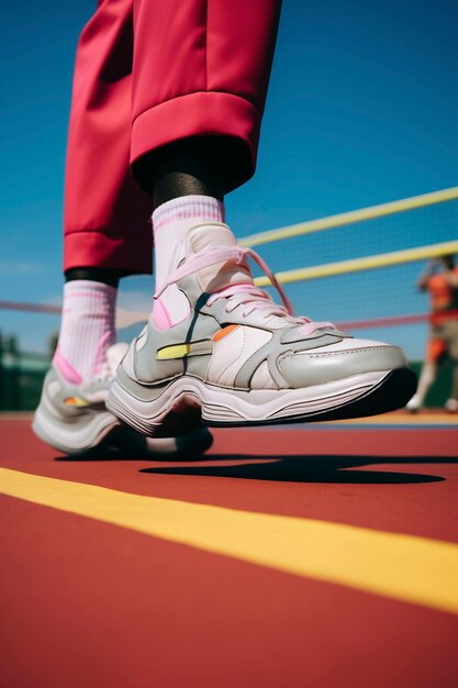 Close up on person wearing futuristic sneakers