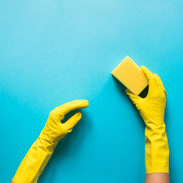 Close-up person with gloves holding sponge