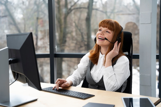 Close up on person working in call center