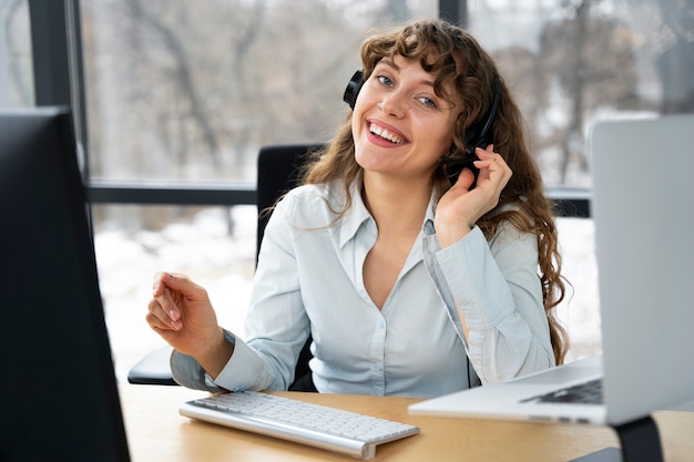 Close up on person working in call center