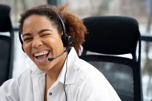 Close up on person working in call center