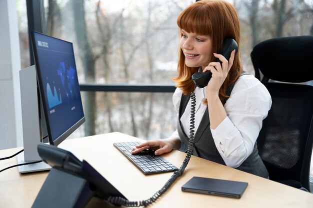 Close up on person working in call center