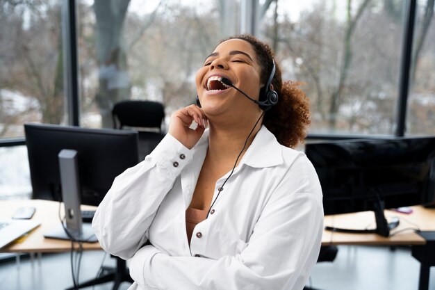 Close up on person working in call center