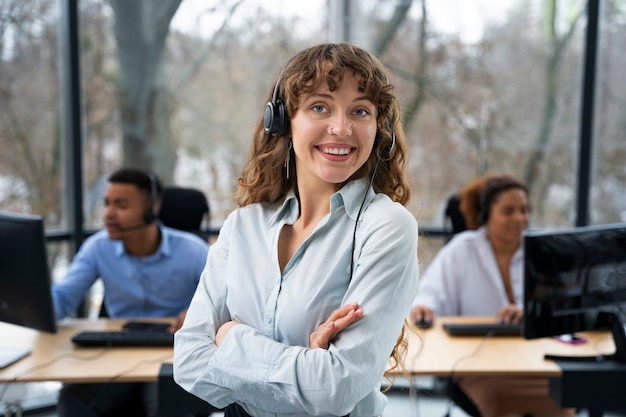 Close up on person working in call center