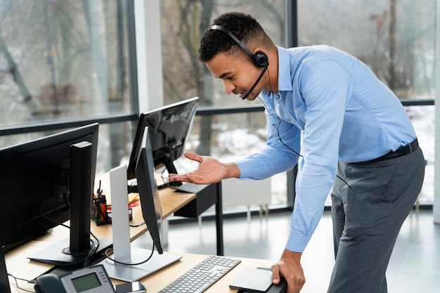 Close up on person working in call center