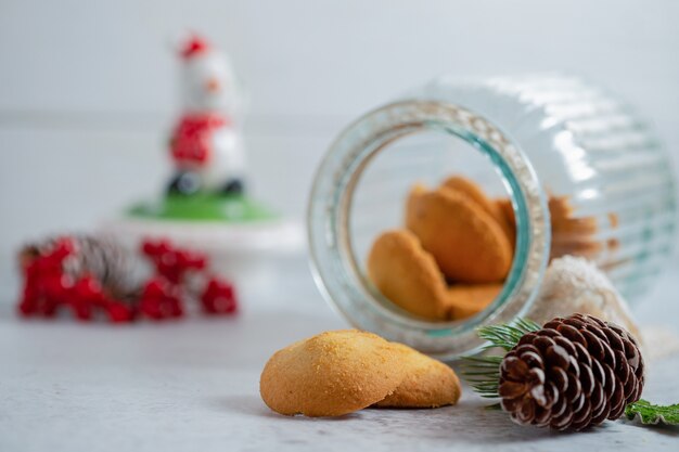 Close up photo of Christmas cookies on Grey surface. 