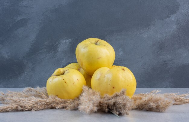 Close up photo of Fresh ripe organic quinces on grey background. 