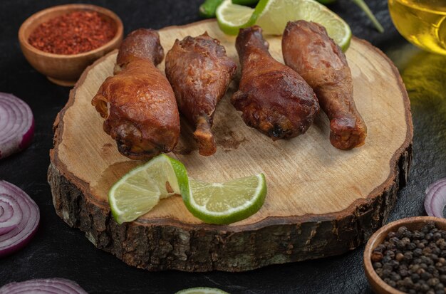 Close up photo of grilled chicken legs with spices.