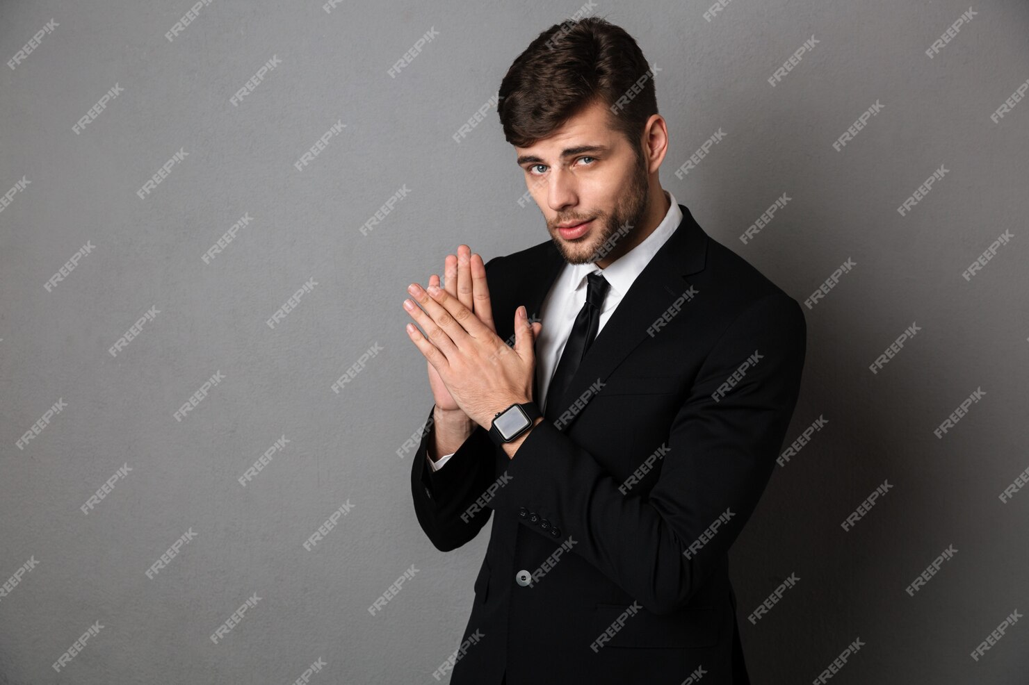 Free Photo | Close-up photo of handsome young man in black suit clap in ...