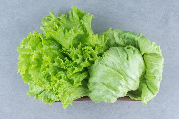 Close up photo Leaves of lettuce on the grey background in basket. 