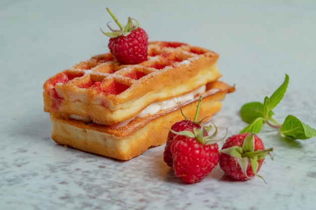 Close up photo of raspberry with fresh waffle.