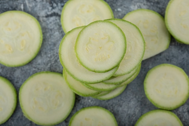 Close up photo of stack of zucchini slices.