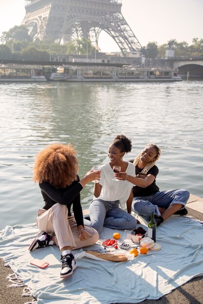 Close up on picnic near eiffel tower