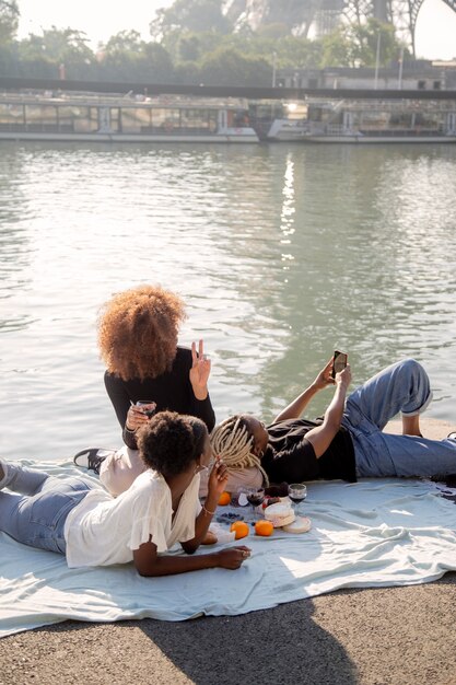 Close up on picnic near eiffel tower