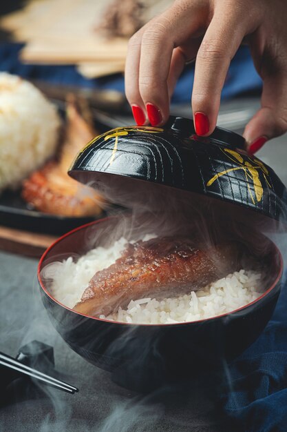 Close up picture of Roast pork and cooked rice