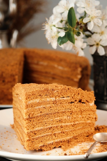 Close-up on a piece of layered honey cake, selective focus, vertical frame. Medovik or honey cake on a white plate, homemade cake