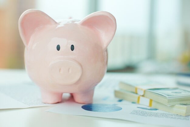 Close-up of piggy bank and banknotes