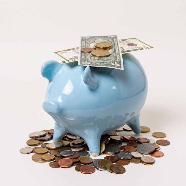 Close-up piggy bank with notes and coins