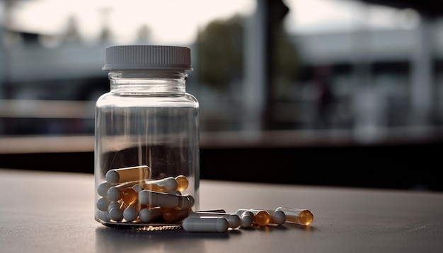 Close up pill bottle spills reflecting addiction generated by AI