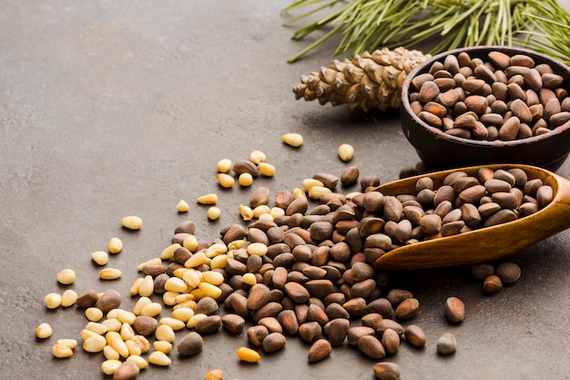 Close-up pine seeds with wooden spoon