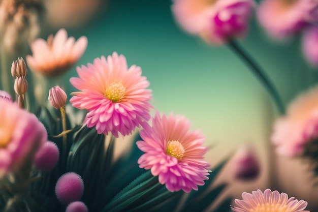 A close up of pink flowers with a green background