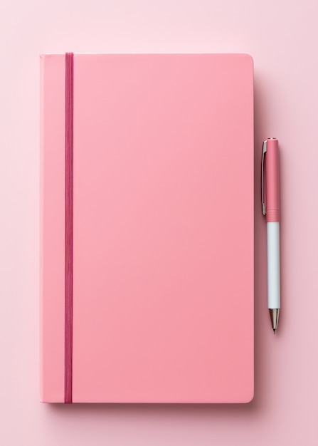 Close up on pink pen next to notebook