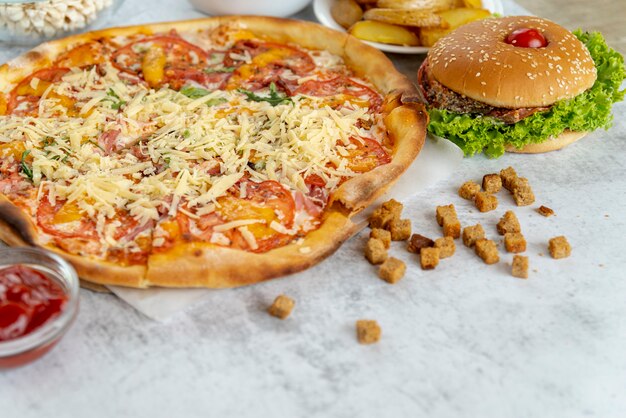 Close-up pizza with hamburger