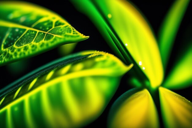 緑の葉と底に「水」という言葉を持つ植物の接写。