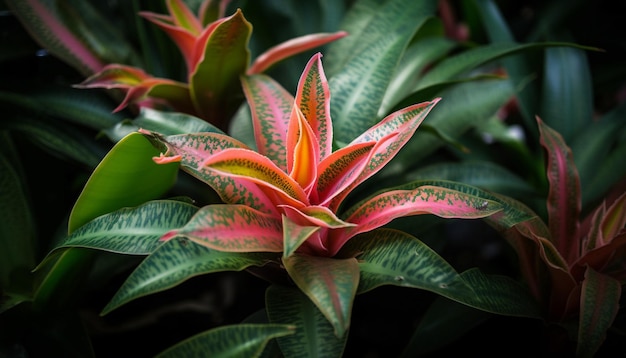 A close up of a plant with green and pink leaves