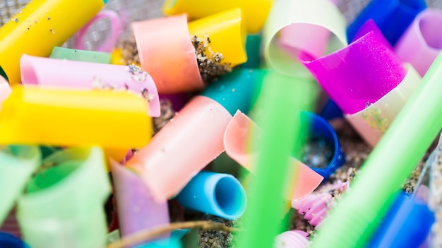 Close-up plastic pieces collected from sea