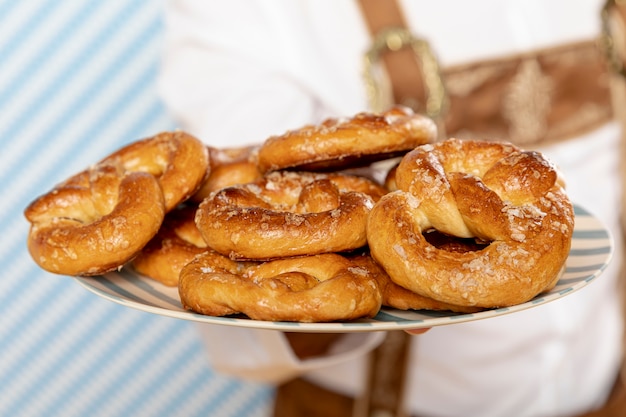 Close-up of plate of german pretzels