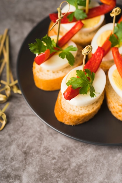 Close-up plate with fresh bruschettas