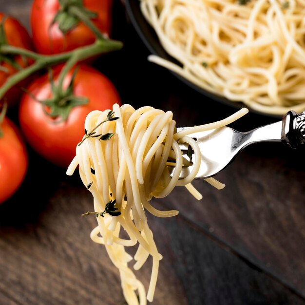 Close-up plate with spaghetti with vegetables