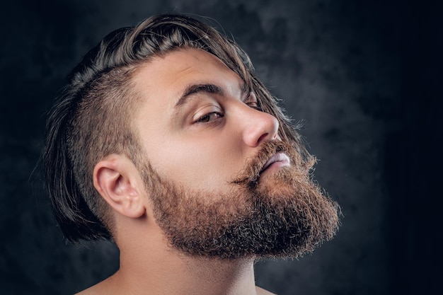 Close up portrait of bearded hipster male on grey background.