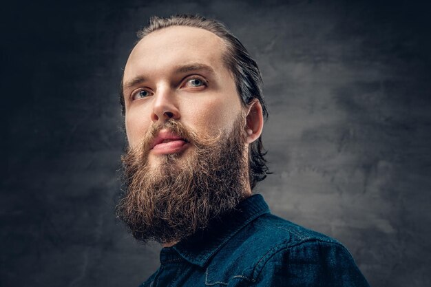 Close up portrait of bearded male on grey vignette background.