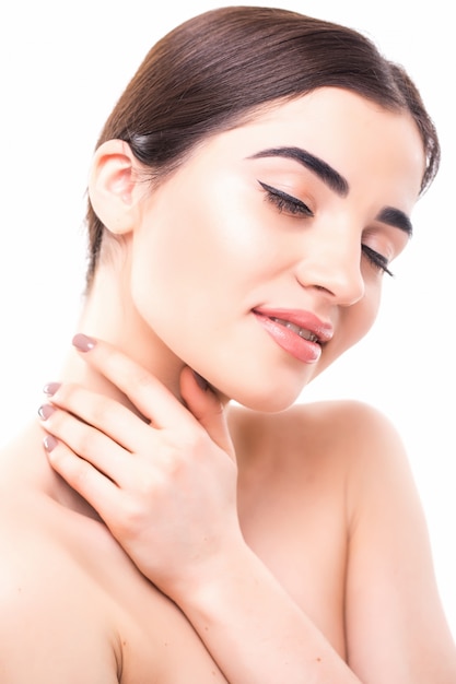 Close up portrait of beautiful young woman face. Isolated. Portrait of a female model.