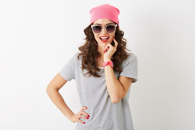 Close up portrait of hipster pretty woman in pink hat, sunglasses, smiling, happy mood, isolated, modern youth, fashion trend accessories