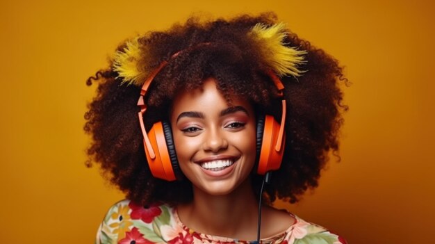 헤드폰으로 음악을 듣고 웃고 있는 젊은 콜롬비아 여성의 클로즈업 초상화. 생성된 AI