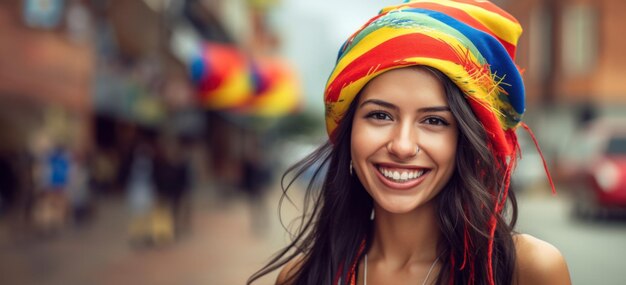 Close-up portrait of a laughing young Colombian woman with copy space. generated by AI