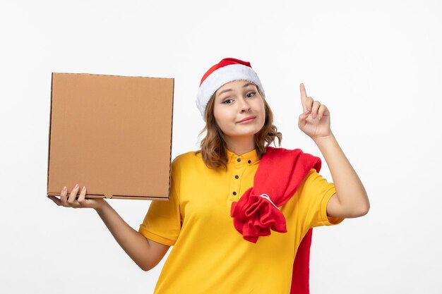 Close up portrait of male courier wearing Santa hat isolated