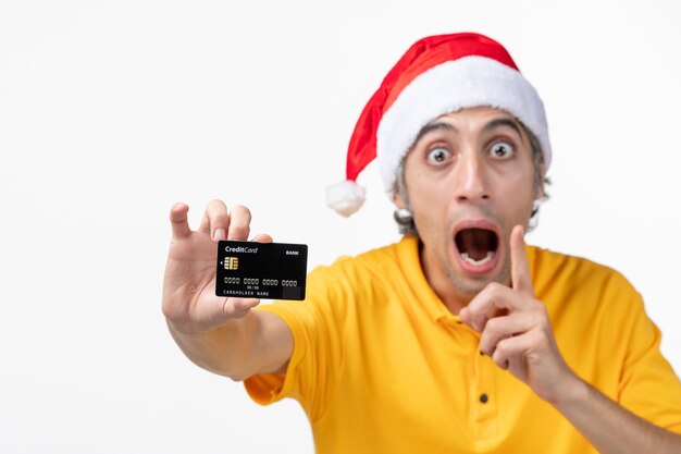 Close up portrait of male courier wearing Santa hat isolated