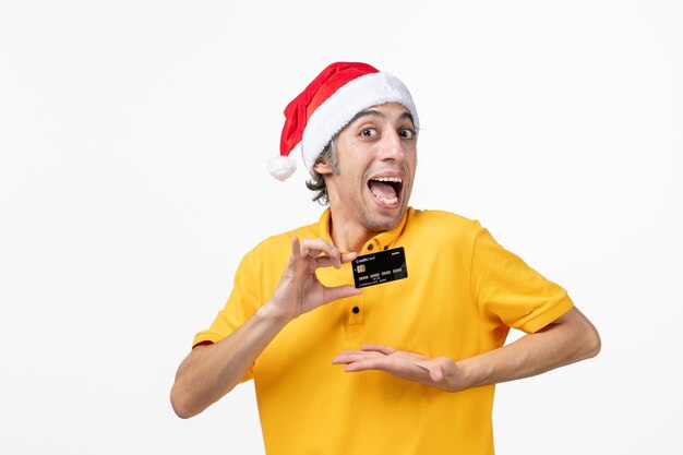 Close up portrait of male courier wearing Santa hat isolated