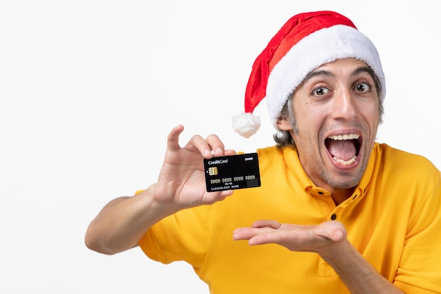 Close up portrait of male courier wearing Santa hat isolated