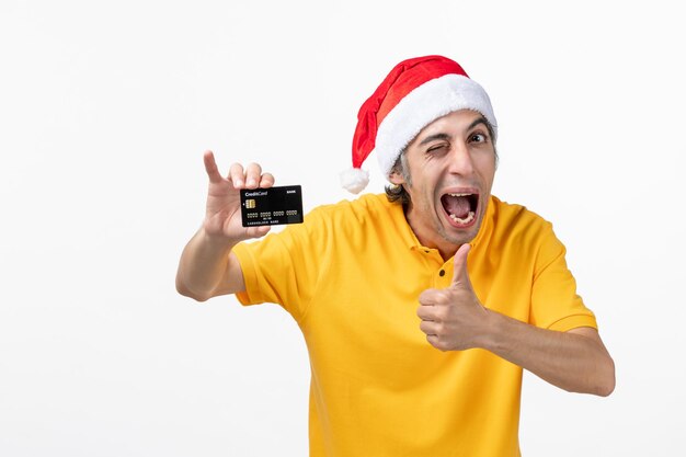 Close up portrait of male courier wearing Santa hat isolated