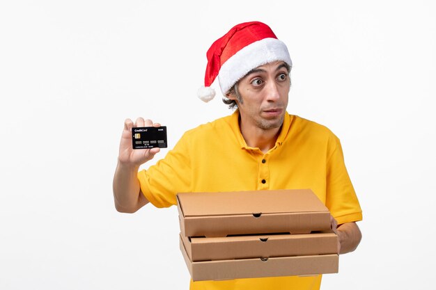 Close up portrait of male courier wearing Santa hat isolated