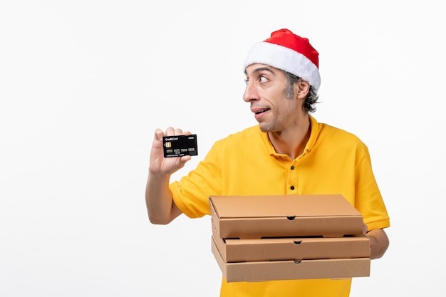 Close up portrait of male courier wearing Santa hat isolated