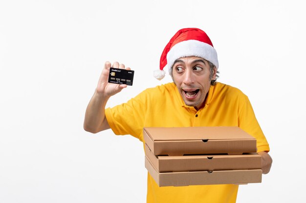 Close up portrait of male courier wearing Santa hat isolated