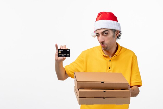 Close up portrait of male courier wearing Santa hat isolated